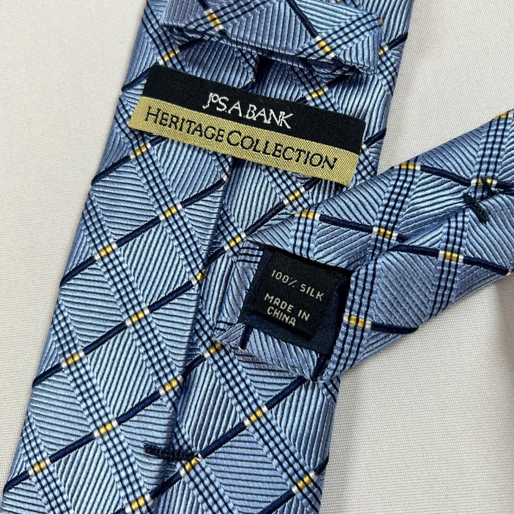 Jos A Bank Heritage Collection Tie Mens Blue Plaid Geometric 100% Silk Necktie
